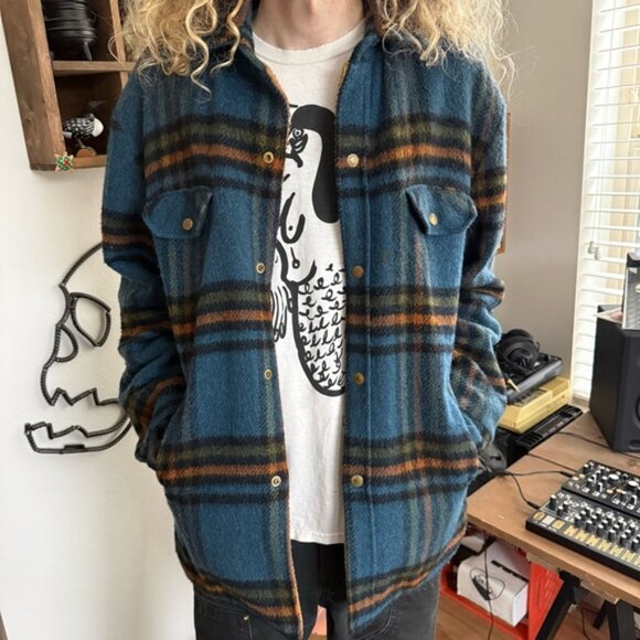 Vintage 50s 60s Towncraft Wool Mackinaw Fleece Lined Blue Plaid Jacket ~ Size L - Picture 3 of 8